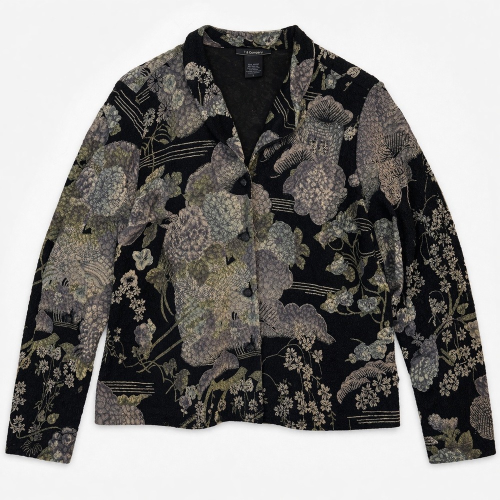 vtg 90s witchy Floral boho Textured Jacket Black asian S whimsigoth art to wear